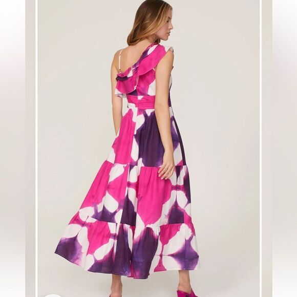Busayo Collective Purple and Pink Tie Dye Ruffle One-Shoulder Midi Dress | 6 - Picture 2 of 12